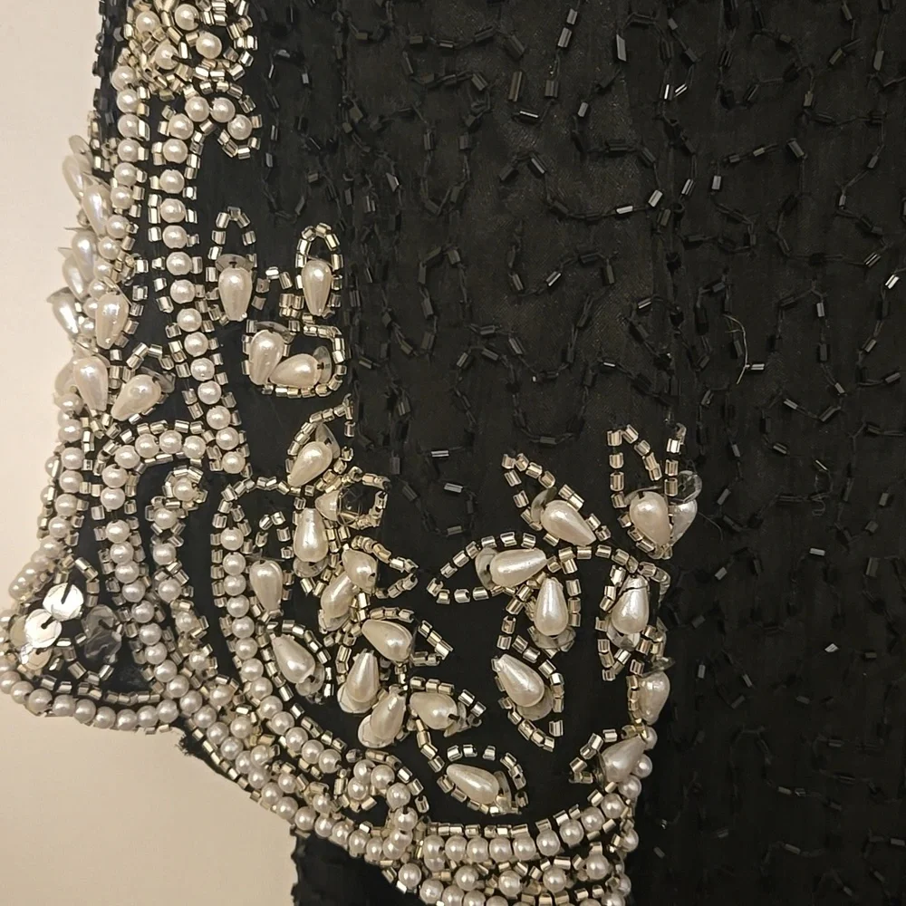 Laurence Kazar 100 Percent Silk Black and Silver Beaded Blouse Size Medium